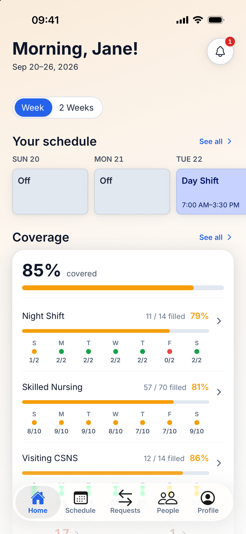 The DubGrid mobile Home tab with this week's shifts and coverage for Calm Haven