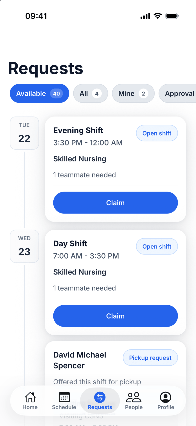 The DubGrid mobile Requests tab listing open shifts available to pick up