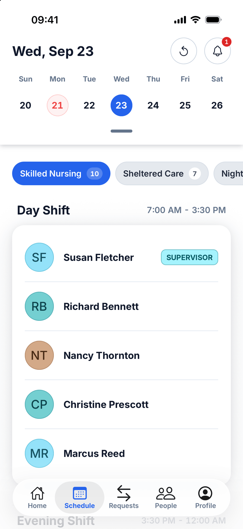 The DubGrid mobile Schedule tab showing who is on the Day Shift in Skilled Nursing