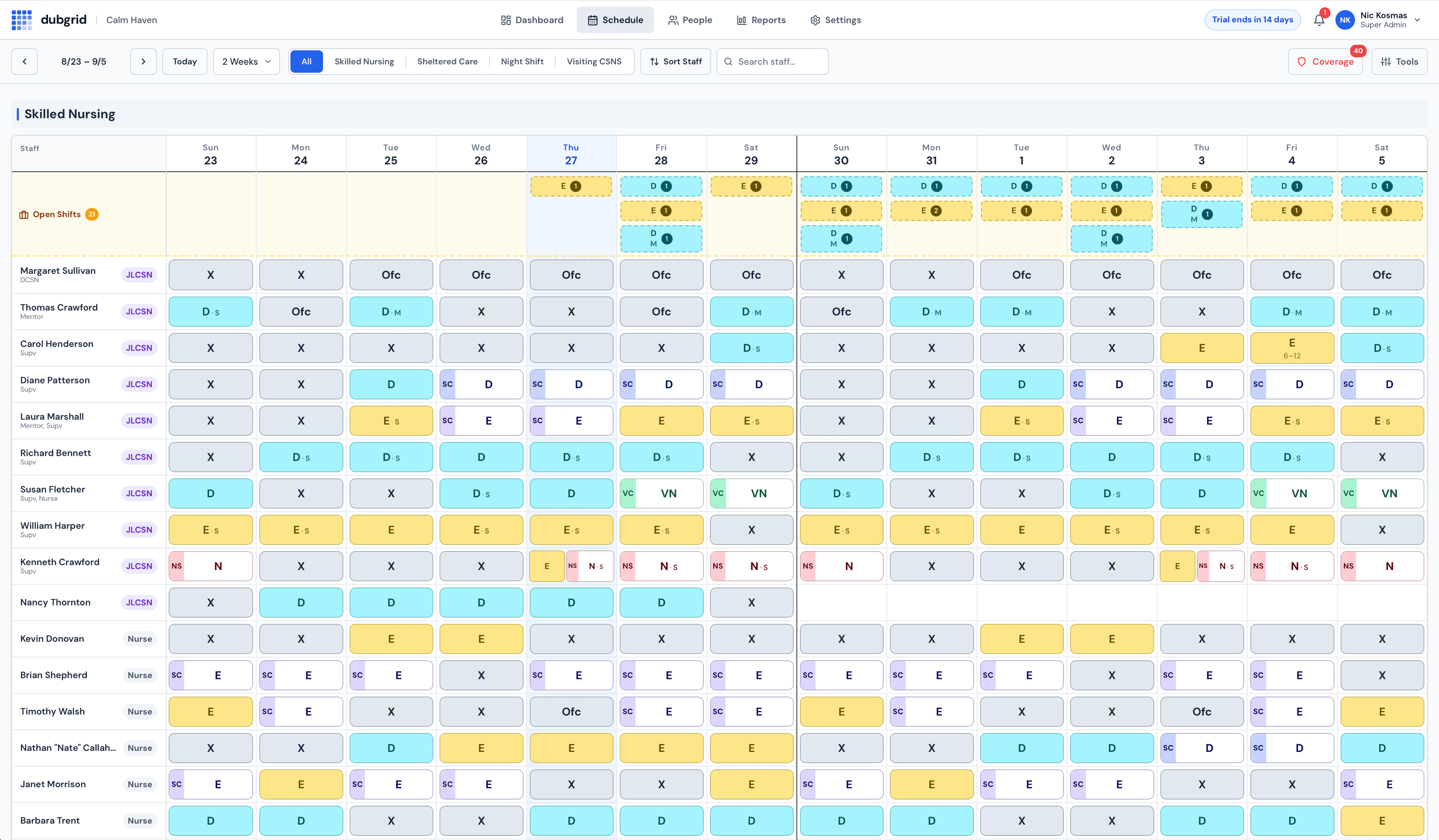 Calm Haven's two-week staff schedule in DubGrid